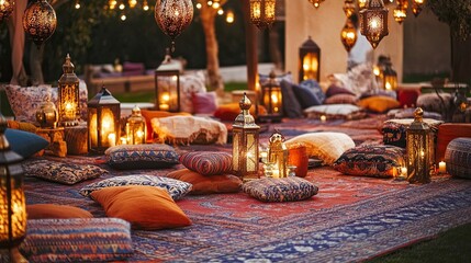 Moroccan New Year decor with lanterns, warm tones, and patterned textiles .