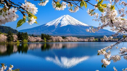 Serene Spring Scene at Mount Fuji with Cherry Blossom Frames
