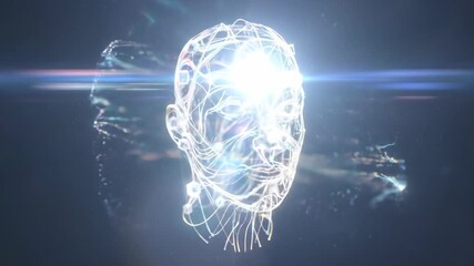 A rotating 3D wireframe head representing artificial intelligence. A glowing network of lines and data nodes in digital space. Futuristic technology and neuroscience concept - Powered by Adobe