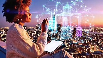 A person with a tablet and pen envisions a digital cityscape at dusk, atop a skyscraper - Powered by Adobe
