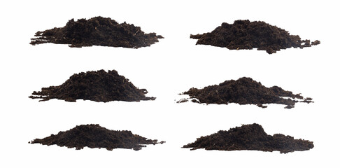 Multiple piles of rich organic soil isolated on white background, representing gardening materials, potting mix texture, nutrient-dense earth, natural growing media for planting and agricultural use.