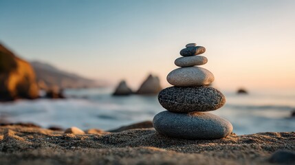 Fototapeta premium Zen Stone Stack on Beach at Sunset with Golden Light Reflection and Soft Focus Rock Formation in Background