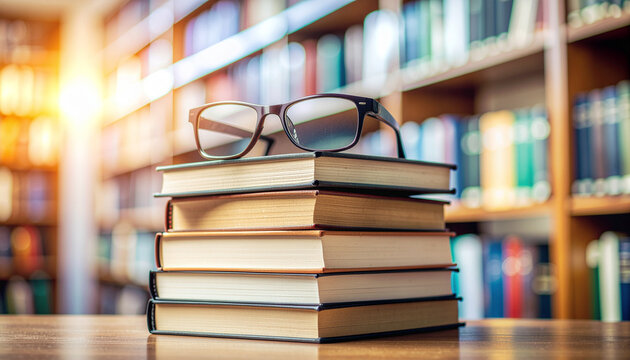 Reading glasses atop a stack of books on a wooden table, bathed in warm sunlight from a blurred library background filled with bookshelves. Symbolizes knowledge, education, and study.