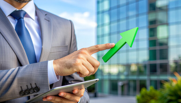 A businessman in a suit holds a tablet and points at a glowing green arrow, symbolizing financial growth, success, and positive market trends against a modern corporate background.