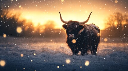 silhouette of Highland cow in snowy field with soft glowing lights .