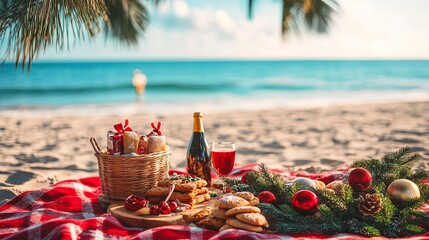 Holiday picnic on beach, Christmas treats, ocean view .
