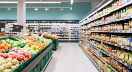 Supermarket aisle showcases vibrant fresh produce and fully stocked shelves, providing shoppers abundant convenient access to diverse healthy food options