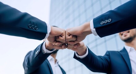Business team celebrating success with a powerful fist bump gesture, symbolizing partnership and strong collaboration in a modern corporate setting