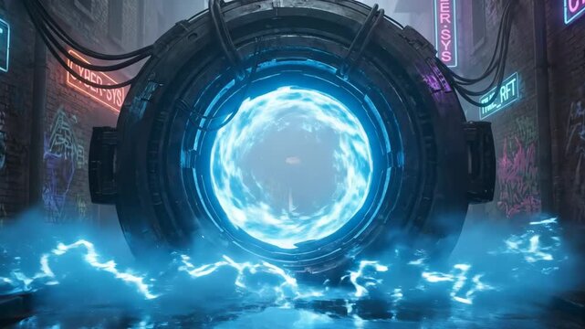 A futuristic time machine portal activating in a dark cyberpunk alley. Glowing blue energy vortex with electrical sparks. Science fiction technology concept animation