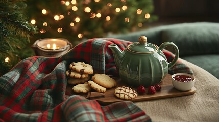 holiday tea setup with cookies, teapot, and cozy plaid blanket .