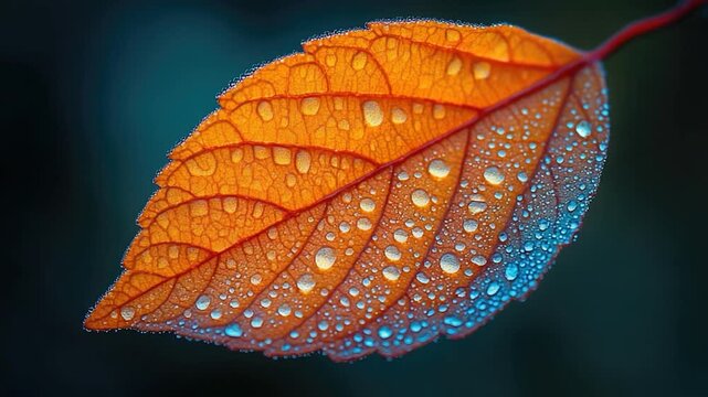 Video A detailed of a leaf with water droplets glistening on its surface