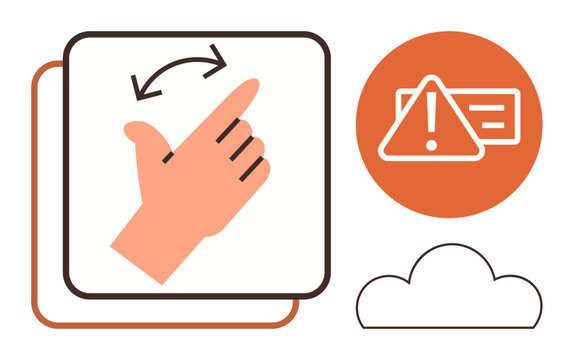 Hand gesture swipe, alert triangle with exclamation mark, and cloud suggest navigation, warnings, and cloud computing. Ideal for apps, notifications, interaction, data storage reminders UIUX