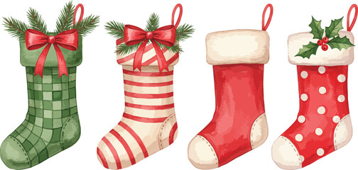 Four festive christmas stockings in various designs and colors adorned with bows holly and candy canes ready for santa s gifts