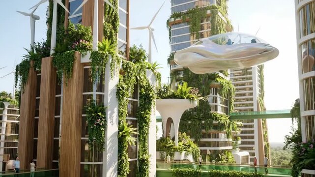 A futuristic flying car glides through a sustainable green city. Eco-friendly architecture with vertical gardens and wind turbines. Advanced transportation and utopian urban living concept