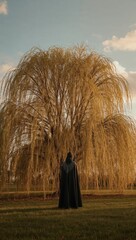 Solitary hooded figure in black cloak standing before majestic golden willow tree at sunset in serene open field