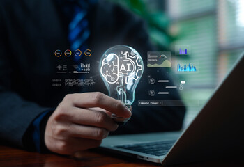business professional holding an AI light bulb with digital analytics and data interfaces, symbolizing innovation, machine learning, technology intelligence, and futuristic solutions.