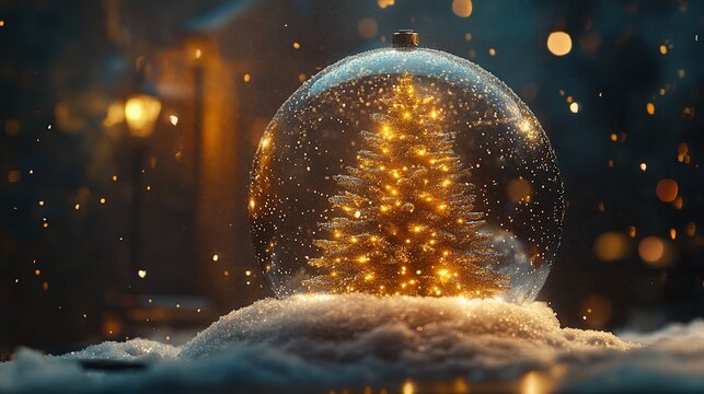 Glittery Christmas tree inside a snow globe, soft snow swirling, magical holiday scene .