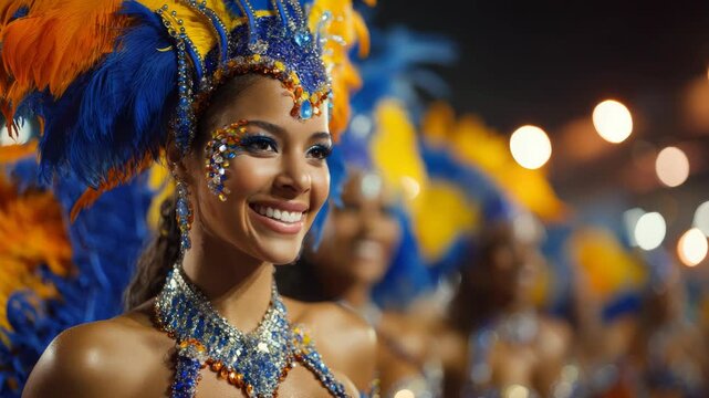 Carnival Queen smiles in Blue and Yellow feathers parade at night
