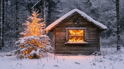 A vintage, snow-covered cabin in the woods, with a beautifully lit Christmas tree inside the window. .