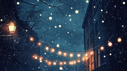 Obraz premium snowfall at night with glowing windows and string lights above street .