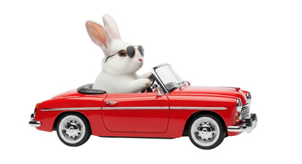 Stylish bunny with sunglasses driving a red vintage convertible car isolated PNG with Transparent Background