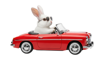 Stylish bunny with sunglasses driving a red vintage convertible car isolated PNG with Transparent Background