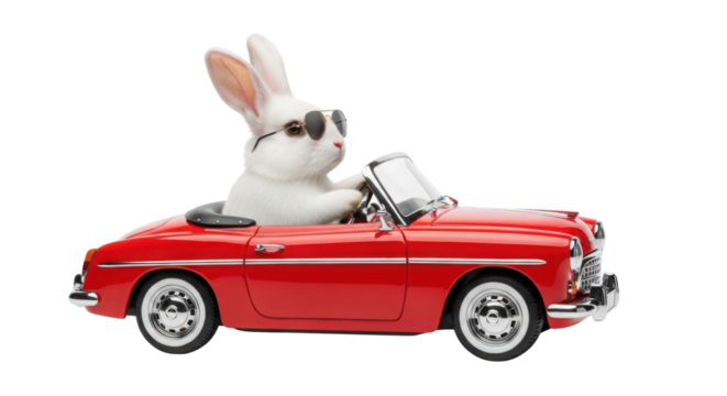 Stylish bunny with sunglasses driving a red vintage convertible car isolated PNG with Transparent Background