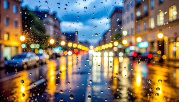 Atmospheric view of a city street at night through a rain-streaked window, featuring bokeh lights, reflections, and shimmering water drops.