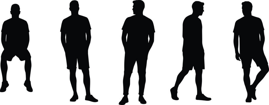 Silhouettes of men standing, walking, and sitting in casual summer clothing, diverse poses and body language in black vector style