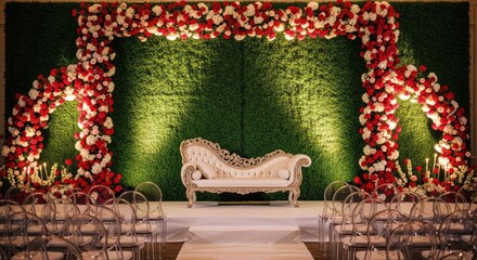 A beautiful wedding stage decoration with a green backdrop and a floral archway, creating a romantic and elegant setting for the special occasion