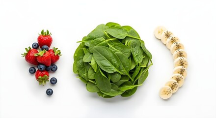 Fresh fruits and vegetables arrangement on white background for healthy eating
