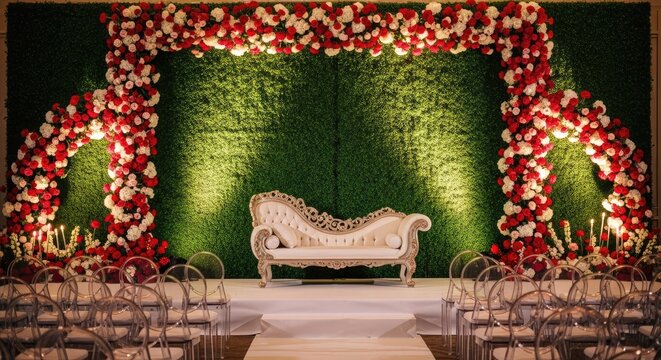 A beautiful wedding stage decoration with a green backdrop and a floral archway, creating a romantic and elegant setting for the special occasion
