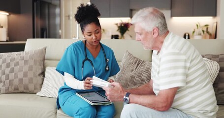 Tablet, medicine and nurse with senior man for consulting, advice and medication schedule in home. Healthcare, digital tech and woman with mature person on sofa for app, discussion and prescription - Powered by Adobe