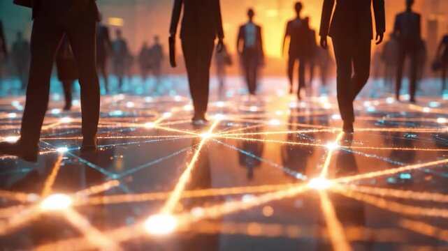 Connected Futures: A blurred cityscape pulsates with the energy of progress. Silhouetted figures stride confidently across a luminous network.