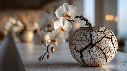 White orchid flowers in stone vase standing on marble surface.