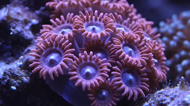 Close up view of colorful Zoanthid corals in an aquarium