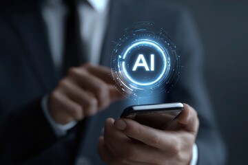 A man is holding a cell phone with a blue circle with the word AI on it