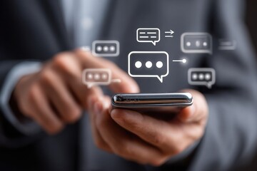 A man is holding a cell phone and is about to send a text message