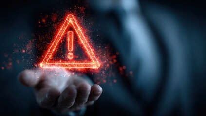 A man is holding a red triangle with an exclamation point in the air