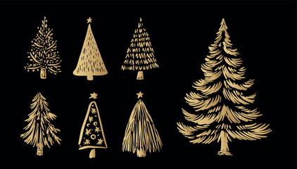 Gold Christmas tree set on black, hand drawn illustration