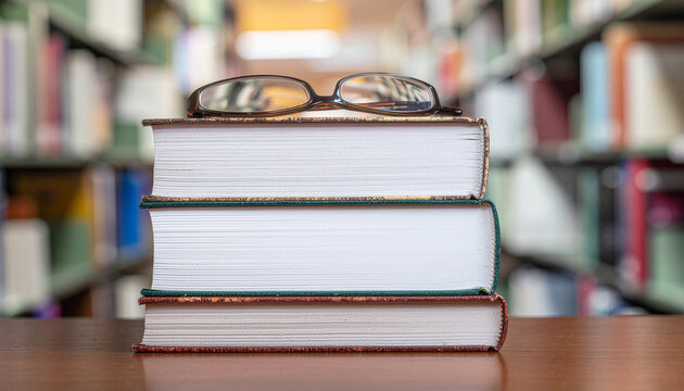 Close-up of stacked old books with reading glasses on a wooden table, evoking themes of study, education, and knowledge against a blurred library backdrop. - Powered by Adobe