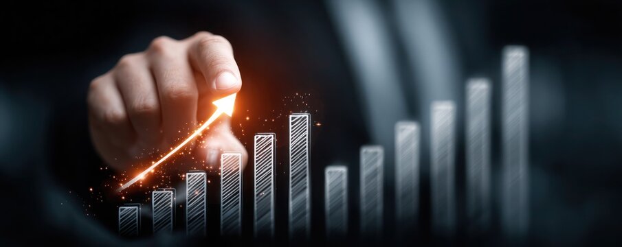 A hand is drawing an arrow on a graph with a line that is pointing upwards