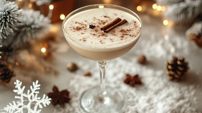 A holiday cocktail with cinnamon and cloves, resting on a table decorated with snowflakes and lights .