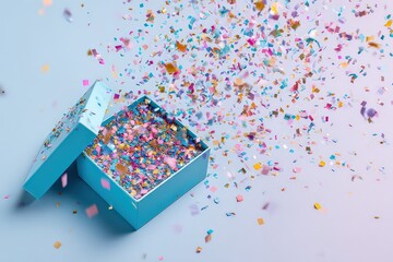 Blue Gift Box with Bursting Colorful Confetti on Light Blue Background Celebration Concept