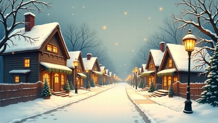 Cozy winter street with snow-covered houses and glowing street lamps  