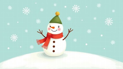 Obraz premium Cheerful snowman waving in winter with falling snowflakes 