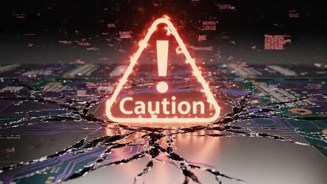 Glowing caution symbol over cracked motherboard, evokes digital warning and cybersecurity risk, highlights importance of safety during National Cybersecurity Awareness Month
