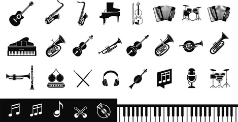 Music icon set, musical instruments, black white vector, guitar piano drum, microphone saxophone, music notes, sound design, audio symbols