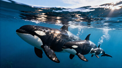 Obraz premium Orca family swimming together in clear blue ocean water 