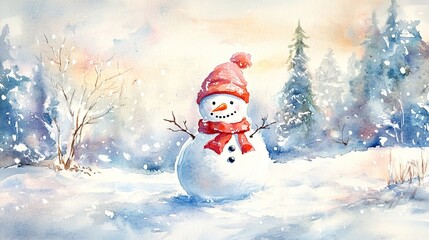 Snowman with a red hat, winter wonderland in watercolor .